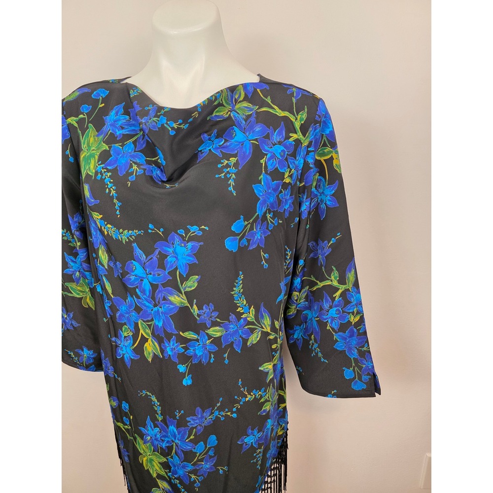 Maggie Sweet Black Blue Floral Tassel Drape Neck 3/4 Sleeve Tunic Top Large - Picture 3 of 7